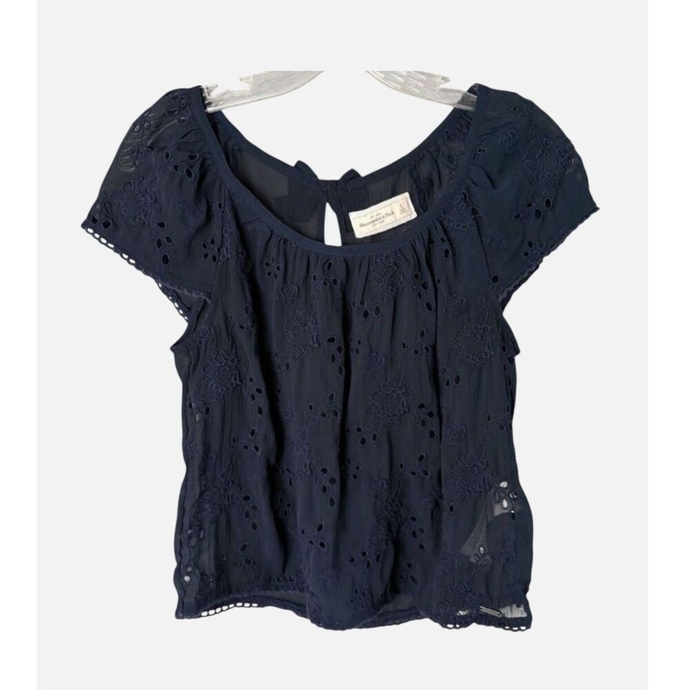 Abercrombie & Fitch Navy Sheer Embroidered Eyelet Bow Back Blouse Y2K S